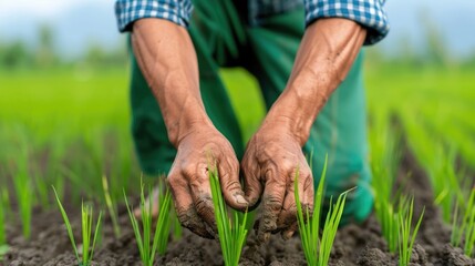 Fototapeta premium Close up of weathered farmer s hands carefully placing young rice seedlings into rich soil amidst lush green fields highlighting agricultural labor and the promise of growth