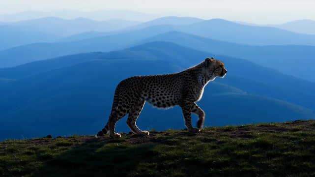 Elegant cheetah walking atop a hill with layered blue mountains in the distance