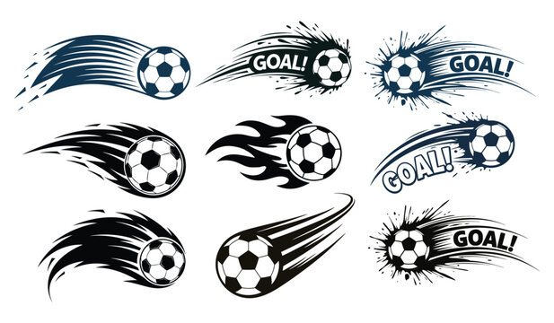 Black and White Flying Soccer Balls with Speed Effects - Football Motion, Goal Kick, Sports Energy Icons