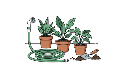 Obraz premium Essential gardening tools including potted green plants, a coiled garden hose, and a small hand trowel with soil for outdoor home landscaping.