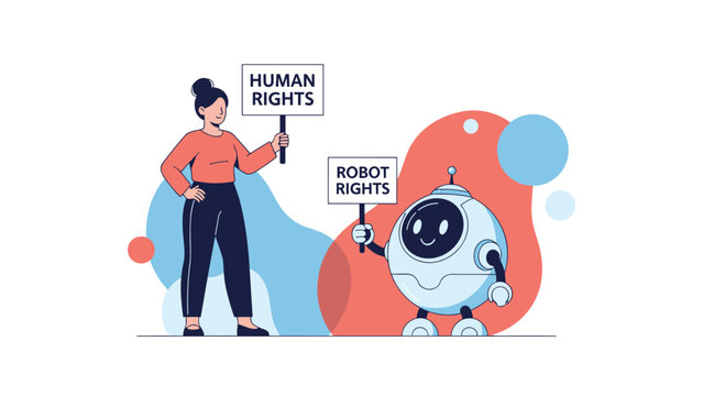 Woman and a small robot standing together holding signs for human rights and robot rights, symbolizing social activism and future ethics.