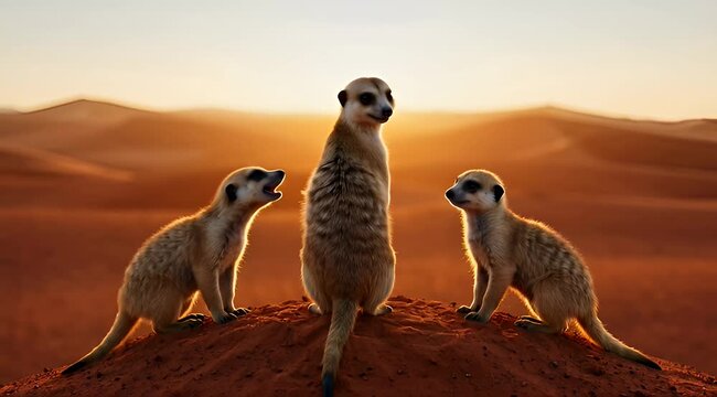 Three meerkats in the desert basking in the warm glow of sunset