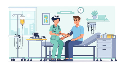 Fototapeta premium Nurse checking patient's blood pressure in clinic examination room
