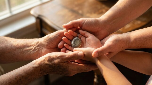 Grandmother passing a treasured pocket watch to mother and daughter in warm sunlight, symbolizing family heritage and tradition at a wooden table, grandmother, mother,