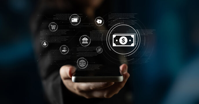 A fintech concept showing a network of digital banking services. This includes secure online payments, global transactions, and e-commerce for the modern financial system. Fermion