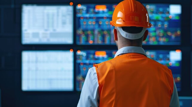 Focused engineer in safety gear observes complex industrial data on a large bank of digital screens in a modern control room representing technological oversight and ope nal management