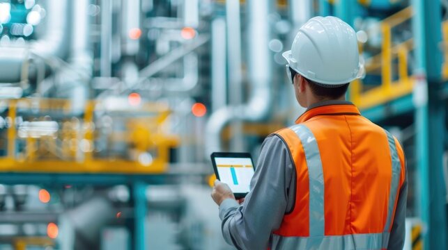 A professional engineer wearing a hard hat and high visibility vest observes data on a tablet device within a vast industrial facility showcasing modern ope nal control