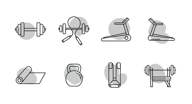 Outline icons of gym and fitness equipment for workout and exercise with jumping rope yoga mat parallel bars weight bench line art white background equipment exercise dumbbell kettlebell