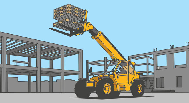 Yellow construction telescopic handler lifting pallet.