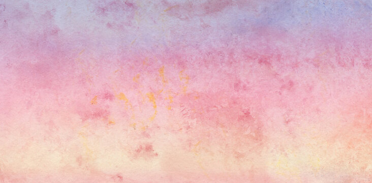 Soft watercolor blends pink, lavender, and gold hues