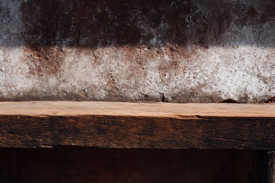 シンプルな部屋の荒れた壁に木製の棚