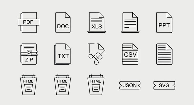 Set of minimal line art icons illustrating common digital document and file formats including pdf doc xls ppt zip txt CSV html json SVG for web and data with document information computer software