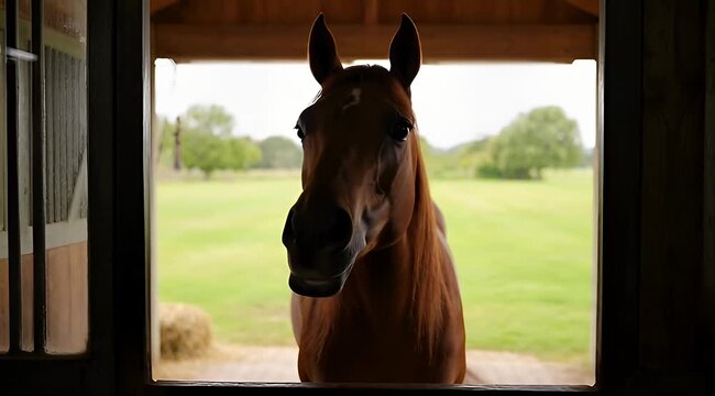 A beautiful chestnut horse peers out from the dim confines of its stable