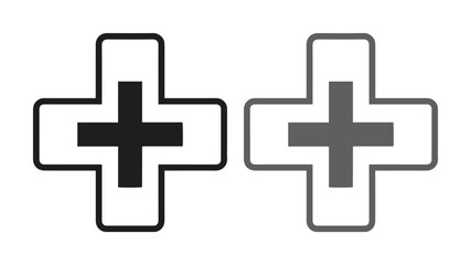 Obraz premium Minimalist medical cross icons, black and grey healthcare symbols, simple line art first aid signs for hospital and pharmacy branding