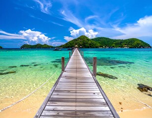Fototapeta premium A wooden pier stretches towards an island, with turquoise water beneath a bright blue sky speckled with fluffy clouds. Islands rise from the horizon