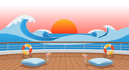 Serene illustrated cruise ship deck with wooden planks, railings, two lifebuoys, and gentle ocean waves under a soft sunset. Ideal for travel backgrounds, UI assets, or tranquil scene design. © AnnaPa