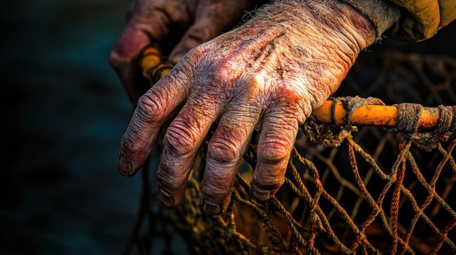 Weathered Fisherman's Hands Gripping Crab Pot