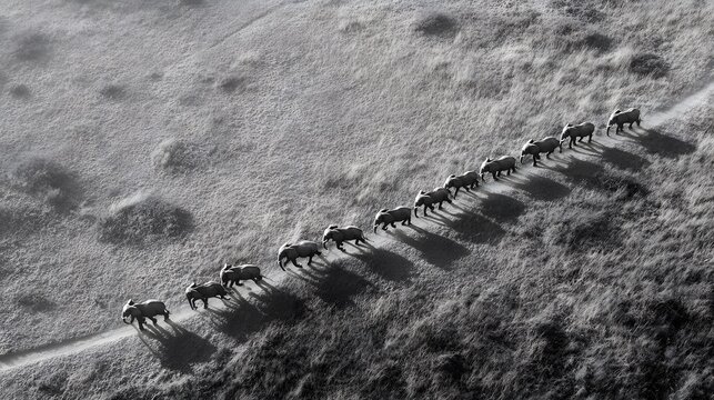 animals moving in coordinated patterns maintaining spatial balance within ecosystem as the main subject + open natural habitat with gentle terrain variation + soft daylight capturing synchronized moti