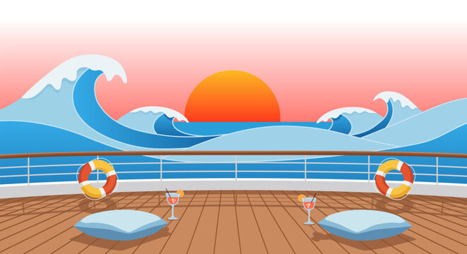 Serene illustrated cruise ship deck with wooden planks, railings, two lifebuoys, and gentle ocean waves under a soft sunset. Ideal for travel backgrounds, UI assets, or tranquil scene design.