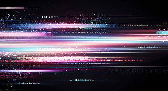 Abstract digital glitch and data corruption visualization. Cyber security threat and system error. Horizontal glowing light streaks with pixelated artifacts and colorful tech noise