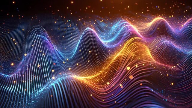 Video of abstract glowing particles forming smooth wave motion on dark background showing luminous digital flow and futuristic dynamic depth pattern