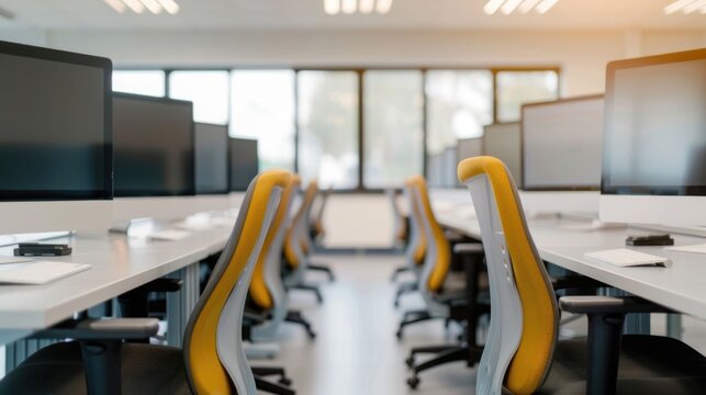 Spacious modern computer lab interior featuring multiple workstations with monitors and empty chairs arranged in neat rows under bright natural light from expansive