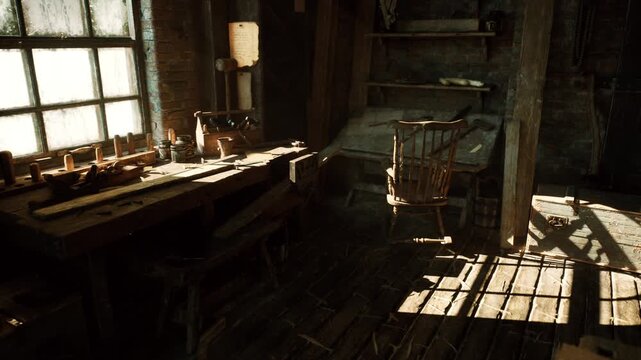 golden workshop light on wooden bench, turned chair and scattered tools, varnish bottles along windowsill, chisel and hammer on planks, sunbeams creating