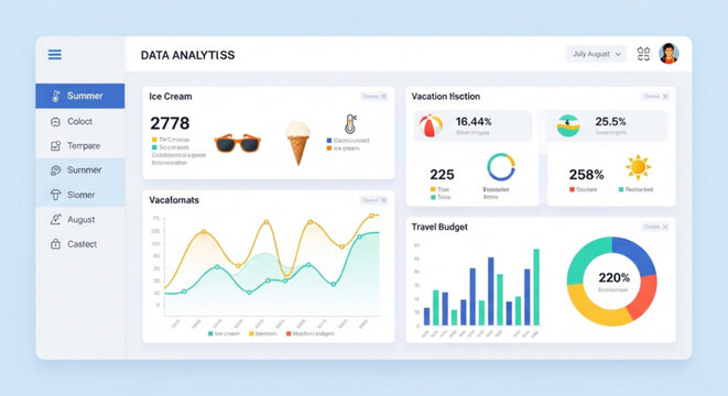 A vector graphic illustration of a data analytics dashboard on a light blue background