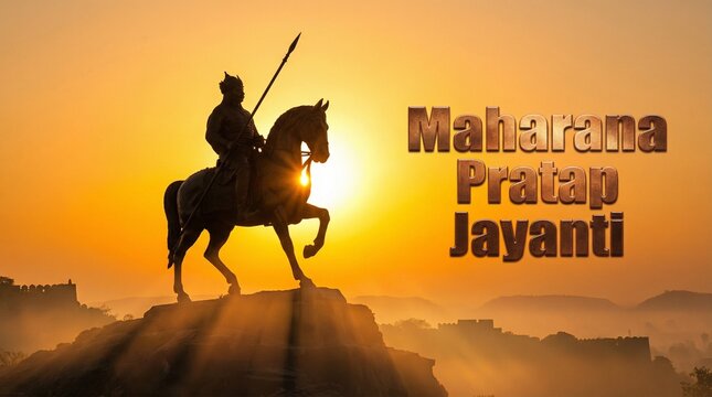 Maharana Pratap Jayanti silhouette of warrior king on horse with spear in golden sunrise fort landscape indian heritage culture festival greeting banner