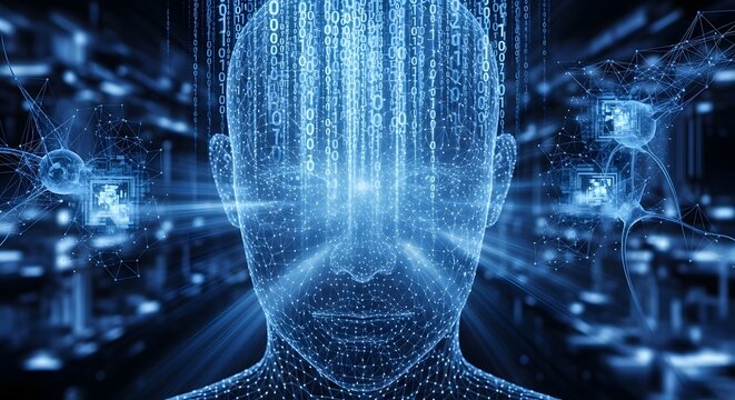 Neural network and brain connectivity concept. Data synchronization and cloud computing. Transparent human head silhouette with binary code rain and glowing neurons in digital space