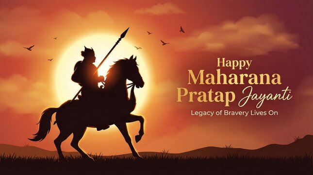 Maharana Pratap Jayanti silhouette of warrior king on horse with spear at glowing sunset sky for indian heritage celebration greeting banner design