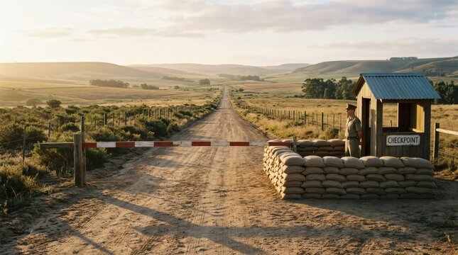 Remote Security Checkpoint on Desert Road at Sunrise, Guard Post with Barrier Gate and Sandbags in Rural Landscape