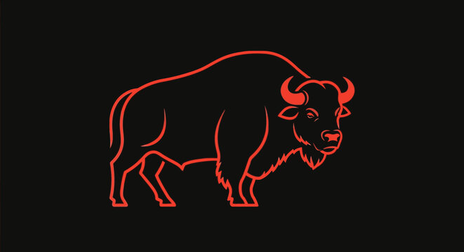 Neon red outline of bison standing.