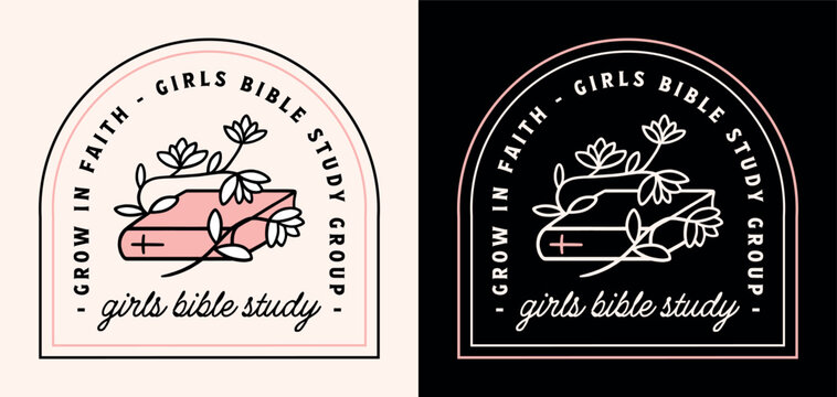 Girls bible study reading group logo teen student club community badge sticker grow in faith shirt design. Religious Christian women reader quotes floral book black pink girly aesthetic poster print.