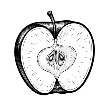 Black and White Apple Cut in Half, Showing Seeds and Core, Vintage Sketch Style