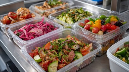 Obraz premium Fresh salads in clear containers sit on a stainless steel tray