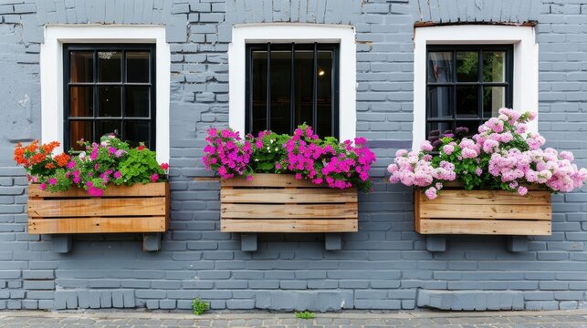 A charming exterior view showcasing three wooden window boxes abundantly filled with vibrant pink purple and orange flowers and greenery mounted on a textured grey brick wall