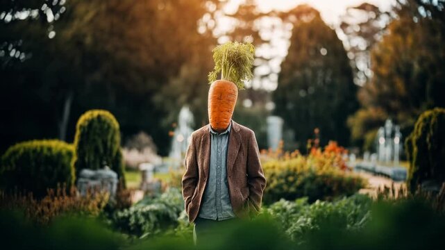 Surreal portrait of person standing in garden with carrot instead of head blending humor nature individuality and conceptual art in outdoor setting