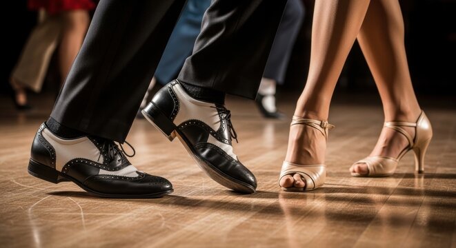 Man and woman dancing tango on wooden floor. Feet of couple in elegant shoes performing ballroom dance steps. Passionate performance, activity, leisure and lifestyle concept.