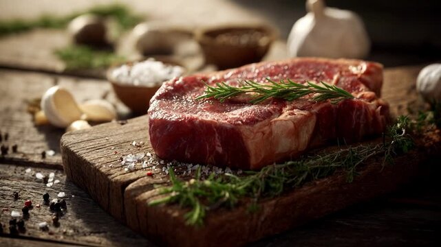 Raw steak on wooden board with garlic herbs and seasoning prepared for cooking showcasing premium ingredients culinary craft and rich marbling detail