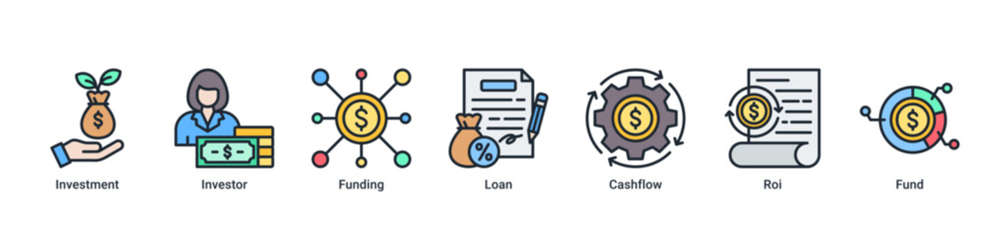 Investment Plan web banner icon vector illustration with icons of Investment,Investor,Funding,Loan,Cashflow,Roi and Fund