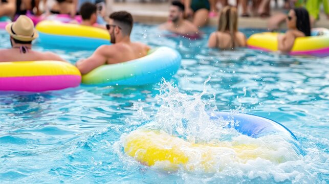 Summer Pool Party with Young People Relaxing on Colorful Inflatable Rings, Vacation Leisure and Social Lifestyle Concept