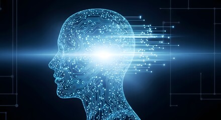 Fototapeta premium Neural network and brain circuit board profile. Artificial intelligence and cognitive computing concept. Silhouette of a human head filled with glowing electronic microchip paths