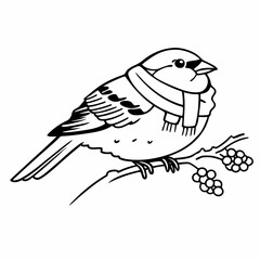 Fototapeta premium Sparrow wearing scarf, winter theme outline, white background