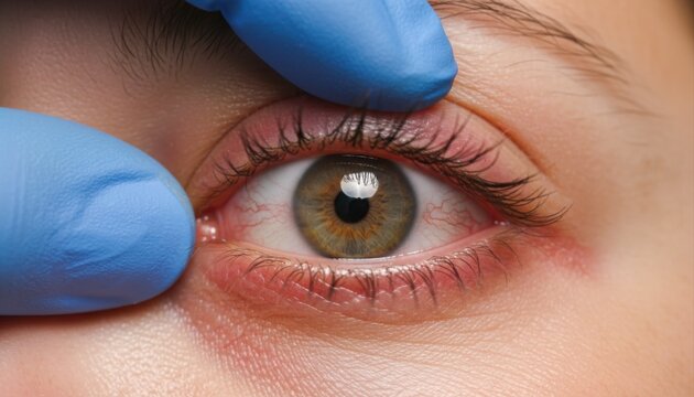 Close-up of an irritated eye with visible red veins, examined by a hand in a blue medical glove. The eye shows signs of inflammation and irritation, with a green-brown iris.