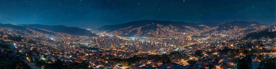 Obraz premium City lights panorama at night: A stunning panoramic view of a city illuminated at night, where shimmering lights paint the cityscape against a backdrop of dark hills and an expansive night sky.