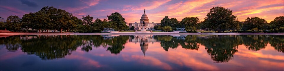 Obraz premium Sunset Reflection over Temple: A serene scene unfolds as a majestic temple stands reflected in the calm waters of a lake, framed by a vibrant sunset sky.