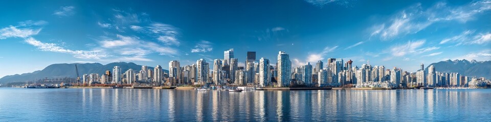Naklejka premium Cityscape Horizon: Panoramic view of a modern city skyline reflecting in calm water under a vibrant blue sky, evoking a sense of urban elegance and tranquility.