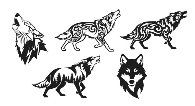 Black and white wolf illustrations pack.