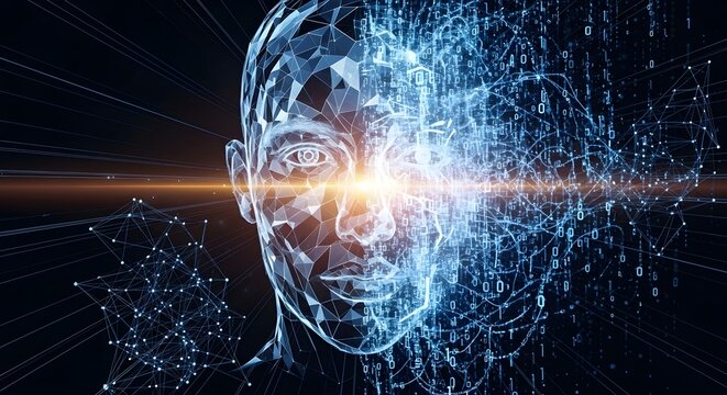 Abstract human face composed of digital mesh and binary code. Artificial intelligence and machine learning. Digital head of a man glowing with neural network connections